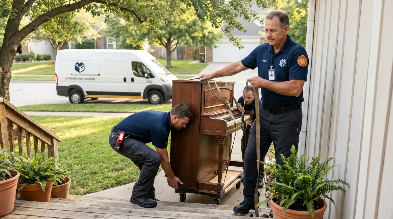 Licensed piano movers securing grand piano in Lewiston, NY