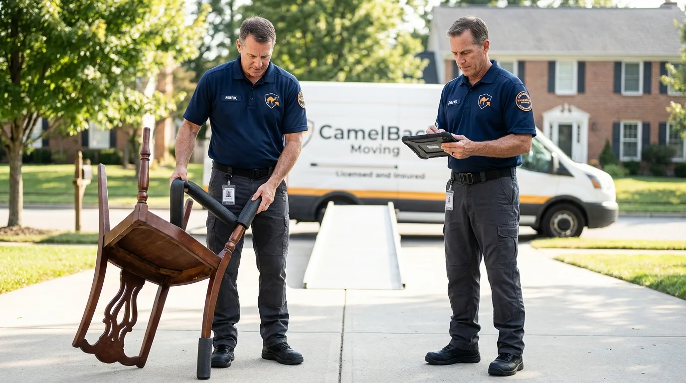 Movers inspecting furniture for damage prevention before loading in Lewiston, NY