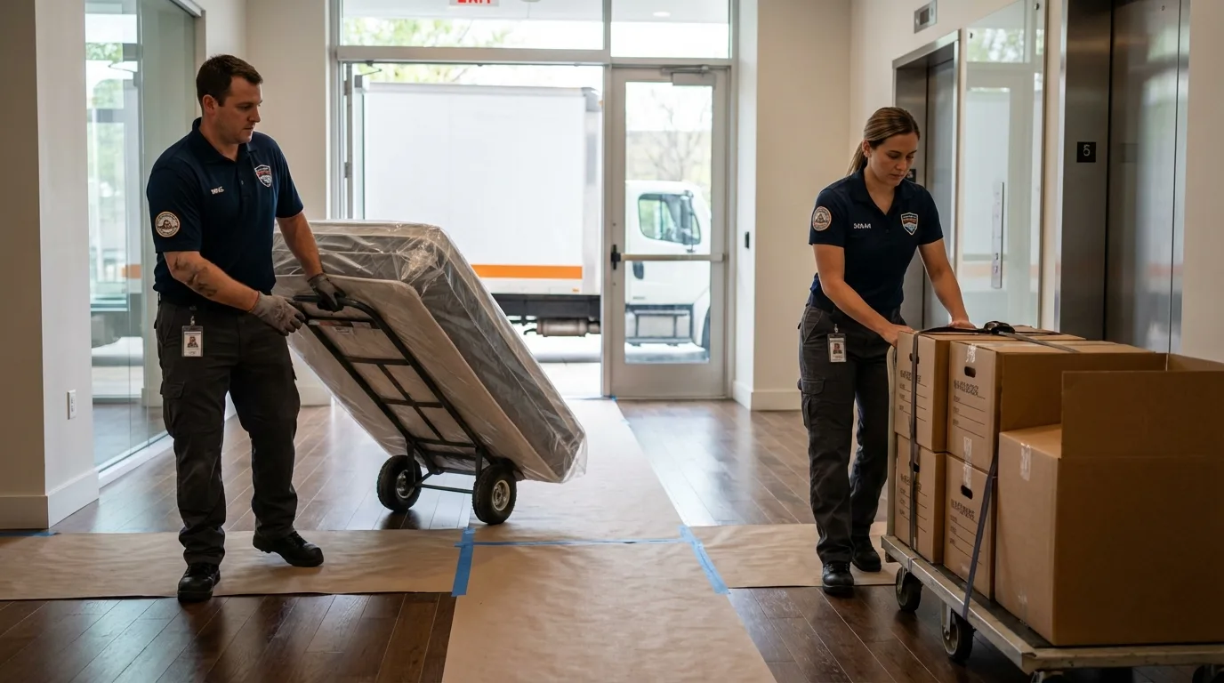 Professional apartment movers loading elevator in Lewiston, NY