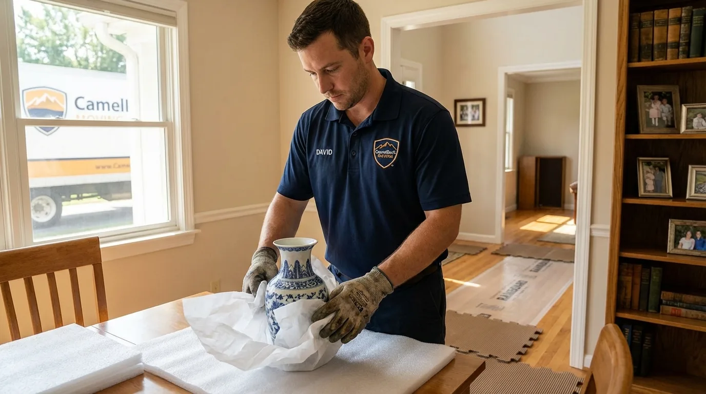 Professional crew carefully wrapping antique vase for senior downsizing move in Lewiston, NY
