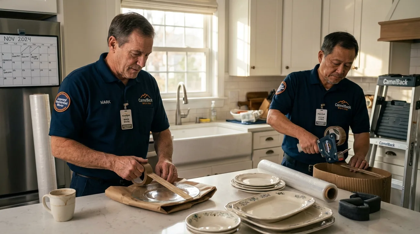 Professional crew packing kitchen dishware in Lewiston, NY